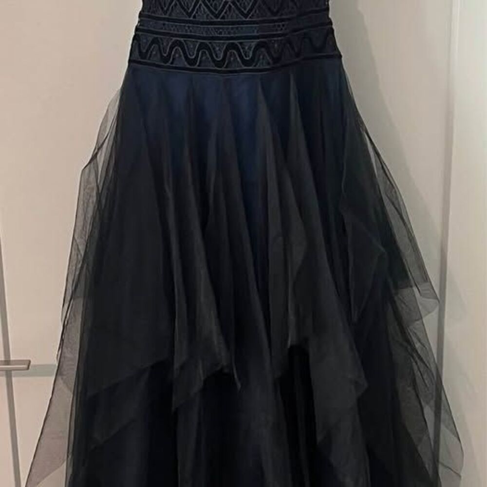 BCBGMAXAZRIA Strapless Tulle Gown Navy Black Embroidered Lace Goth Glam Size 2